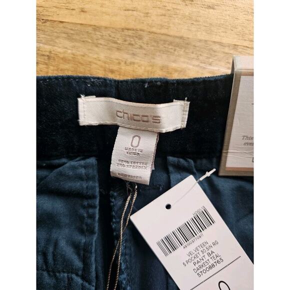 NWT Chico's Size 0 (S/4) Teal Ultimate Fit Velveteen Slim Leg Pants Stretch $89 - Picture 5 of 7